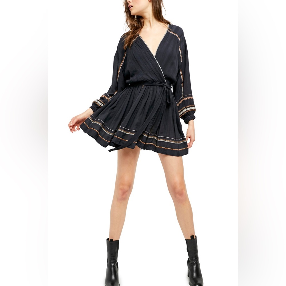 Free People Black Mini Wrap Dress with Contrast Trim